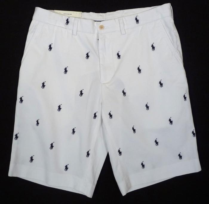 white polo shorts with blue horses