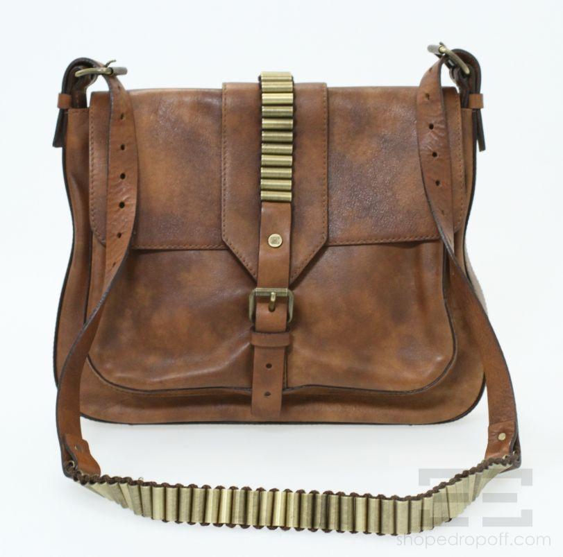 Celine Brown Distressed Leather Gold Trim Crossbody Handbag | eBay